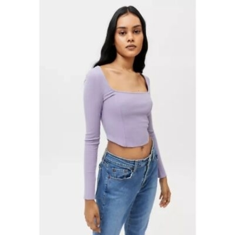 Urban Outfitters Barbiecore Meg Ribbed Purple Square Neck Long Sleeve| Small